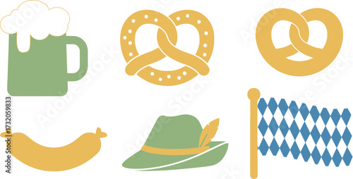 Set of German Oktoberfest symbols, including beer mug, pretzel, sausage, hat, and flag