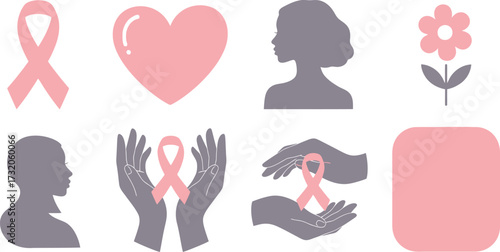 Breast Cancer Awareness Symbols Pink Ribbons, Hearts, Silhouettes, and Hands Offering Support