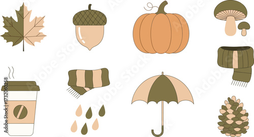 Collection of Autumnal Icons featuring a Maple Leaf, Acorn, Pumpkin, Mushroom, Coffee Cup, Scarf, Umbrella, and Pinecone