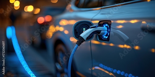 Electric vehicle charging with a glowing blue cable. Bokeh city lights in background