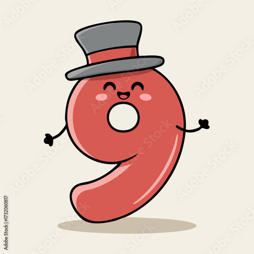 Cute Cartoon Number Nine with a Top Hat.
