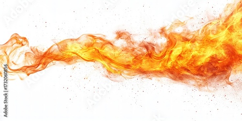 An abstract fiery element curves across a white background. Vibrant orange and yellow hues dominate