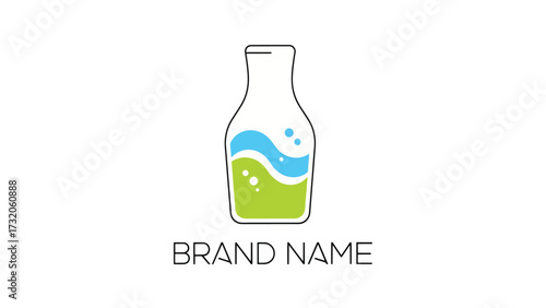 A stylized laboratory flask containing swirling green and blue liquids with bubbles, representing a brand name.
