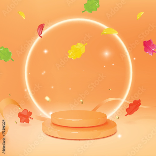 Autumn sale podium with falling leaves, discount tags. Empty pedestal, Fall autumnal oak, maple leaves. Discount promotional advertising banner Vector illustration. 3D design.