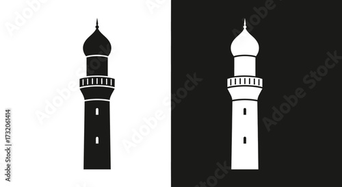 A simple graphic illustration of an Islamic minaret tower, shown in both black on white and white on black.