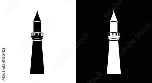 A simple black and white graphic icon showing the silhouette of a mosque minaret and its inverse.