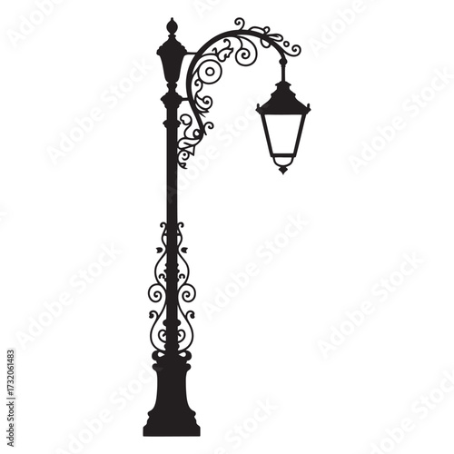 Elegant Silhouette of a Vintage Ornate Street Lamp Illuminating Darkness with Classic Charm and Architectural Beauty