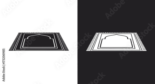 A minimalist black and white icon of a traditional Islamic prayer rug, shown in both positive and negative versions.