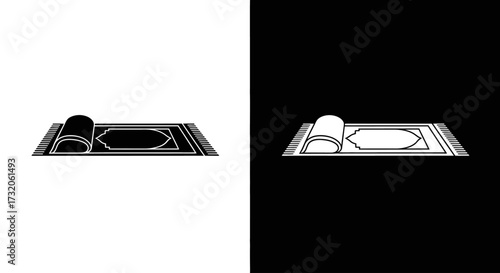 A simple black and white icon of a partially rolled Islamic prayer rug for Muslim worship.