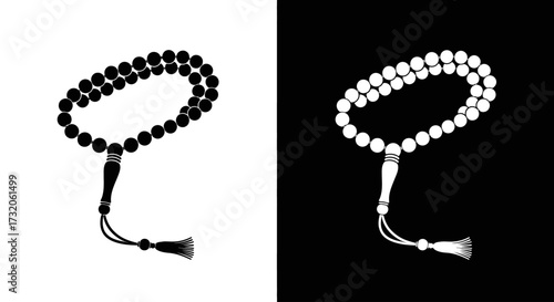 Black and white illustrations of Islamic tasbih prayer beads shown in positive and negative versions.