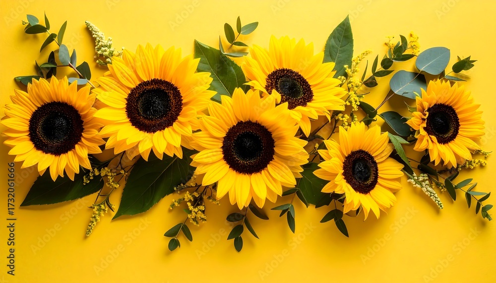 Naklejka premium Bright yellow sunflowers and greenery