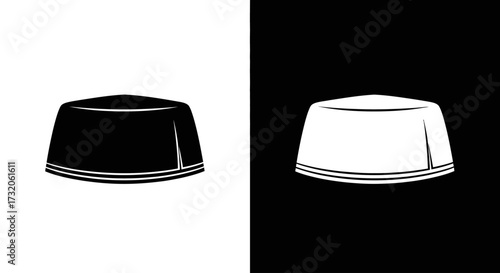 A simple black and white graphic illustration of a traditional Muslim prayer cap, or kufi, shown in positive and negative space.