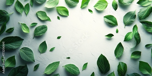 Fresh green leaves scattered on a textured white background, forming a natural border