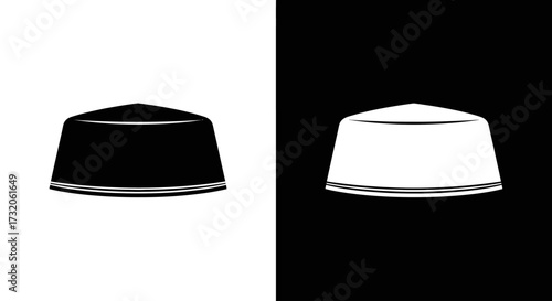 A graphic icon of a black songkok cap on a white background and its white inverse on a black background.