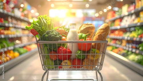A full shopping cart filled with groceries like fresh produce, bread, and milk, being pushed down a bright, sunlit aisle in a supermarket.