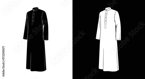 Black and white vector illustrations of a traditional thobe, a long-sleeved Arab men's robe, on contrasting backgrounds.
