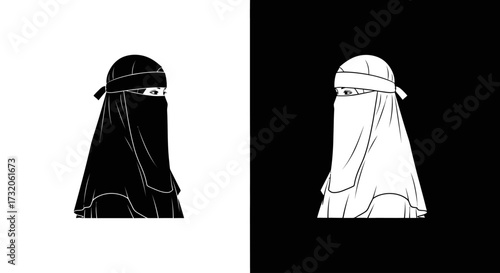 Dual graphic illustrations of a woman's portrait in a niqab, presented in black on white and white on black.