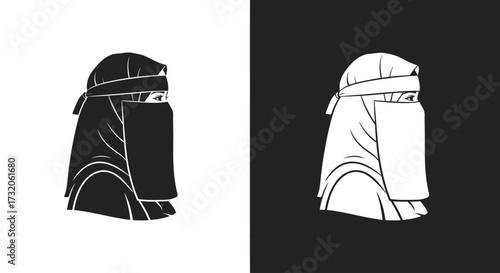 A black and white graphic illustration of a woman wearing a traditional niqab head covering.