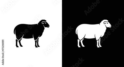 Minimalist graphic illustration of a black sheep and a white sheep on contrasting backgrounds, symbolizing duality.