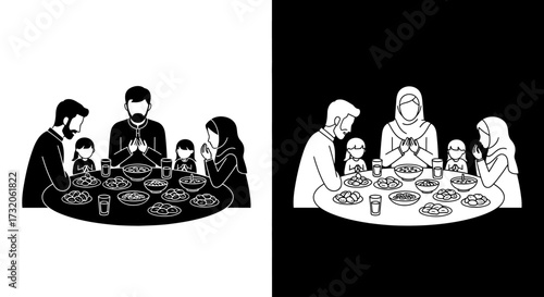 A Muslim family with parents and three children praying together before eating their meal at the dinner table.
