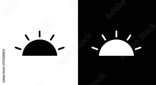 A set of two minimalist sunrise icons, one black on a white background and the other inverted white on black.