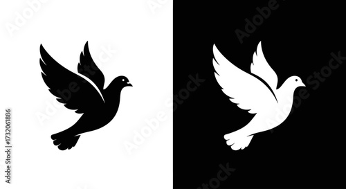 A minimalist graphic of a flying dove, shown as a black silhouette on white and a white silhouette on a black background.
