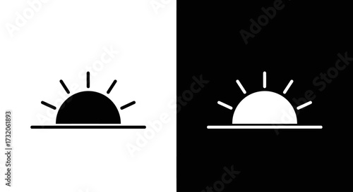 A simple black and white icon set depicting a sunrise or sunset over the horizon.