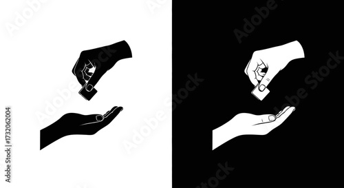 A minimalist graphic illustration of one hand giving a small object to another open palm, symbolizing charity and support.