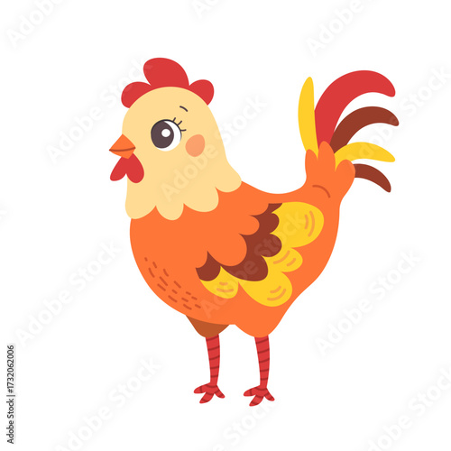 Cute cartoon cockerel on white background. Flat kids illustration of farm animal. Vector rooster isolated