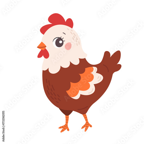 Cute cartoon hen on white background. Flat baby illustration of farm animal. Vector chicken isolated