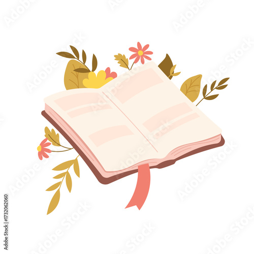 Open book with branches and flowers. Flat vector style, drawn book on white background