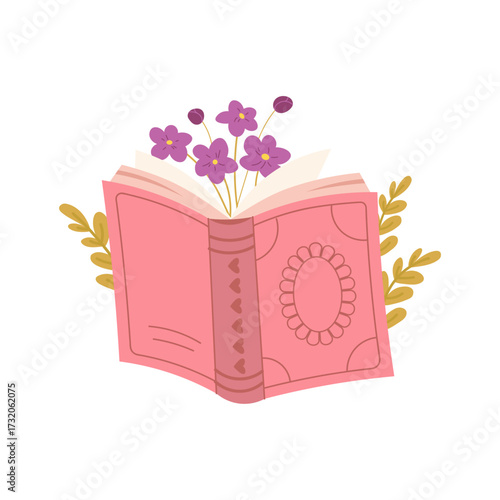 Open book with flower branch. Blooming books, paper sheets with flowers. Flat vector illustration on white background
