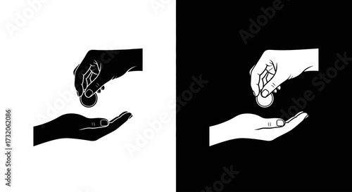 A hand places a coin into an outstretched palm, a simple icon representing charity, donation, and giving help.