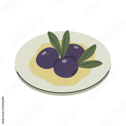 Plate with black olives and leaves. Dish with olives, healthy vegetarian food. Flat vector illustration