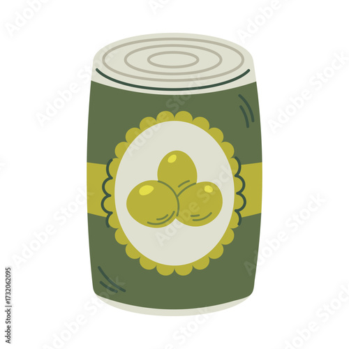 Preserved jar with olives. Metal can, olives in  jar, preserves with olives. Flat vector illustration