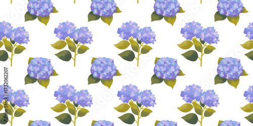 Seamless floral pattern with blue hydrangea branches on white background. Botanical pattern, vector fabric swatch