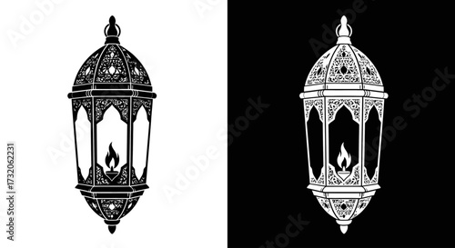 A detailed illustration of an ornate traditional lantern with a flame, presented in both black on white and inverted white on black.