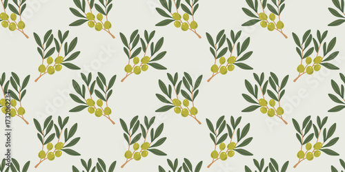 Seamless pattern with olive branches. Tree branch with leaves and olives, botanical ornament for fabric and packaging. Flat vector plants