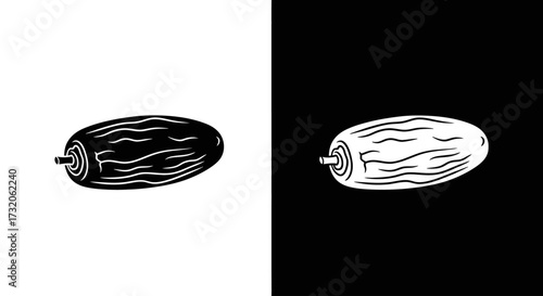 A minimalist black and white graphic illustration of a single date fruit, shown in positive and negative.