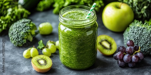 A vibrant green smoothie in a jar, surrounded by fresh green and purple fruits and vegetables