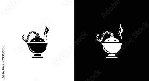 Minimalist silhouette of a traditional incense burner with rising smoke, presented in black and white variations.