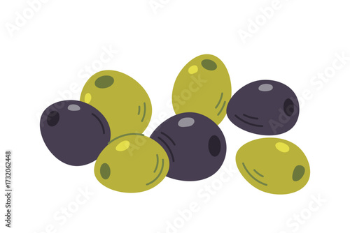Olives and black olives on white background. Pile of olives, vegetarian food. Flat vector illustration