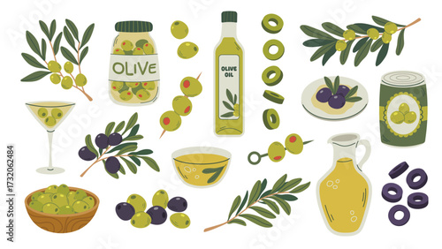 Olive set. Olive branches with green and black olives. Oil, plate and canned olives. Vector flat elements