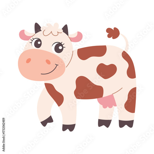 Cute cartoon cow on white background. Flat kids' illustration of farm animal. Cow vector isolated
