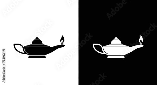 Simple black and white silhouette icons of a classic magic genie lamp with a lit flame.