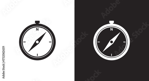 A set of two simple compass icons, one black on a white background and its inverse, white on black.