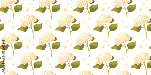 Seamless floral pattern with white hydrangea branches on white background. Botanical pattern, vector fabric swatch