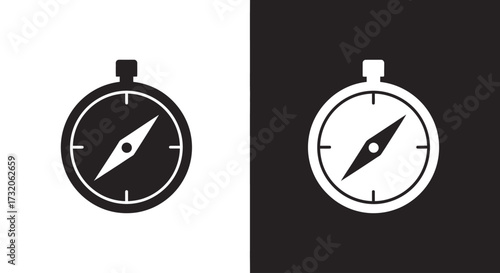 A simple black compass icon on a white background and its inverse white version on black.