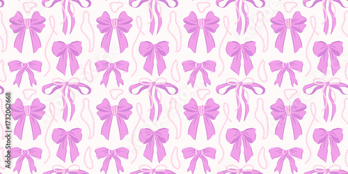 Seamless pattern with lilac bows and pearl jewelry in Coquette aesthetic. Coquettecore cute bow pattern