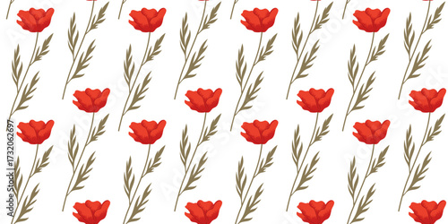 Seamless floral pattern with red poppies on white background. Vector fabric swatch with wildflowers, poppy branches